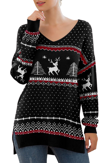 V-Neck Long Sleeve Side Split Loose Casual Knit Pullover Sweater Floral